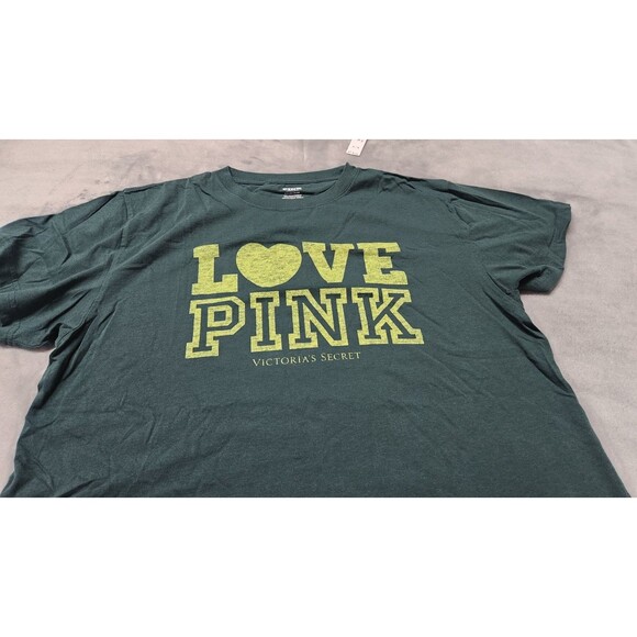 Victoria's Secret Small Green LOVE PINK Campus Cotton Off The Shoulder Tee NWT - Picture 2 of 9